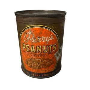 *NFS*RARE Vintage Aged Perry’s Peanuts Metal Tin Lidded Can Show Prop DecorRusty